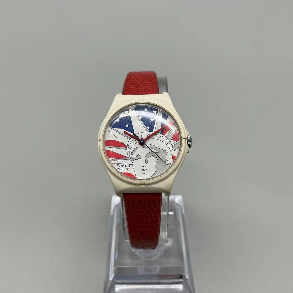 Vintage Timex T Cell Womens Watch 26mm Liberty Flag Dial Red Leather New Battery